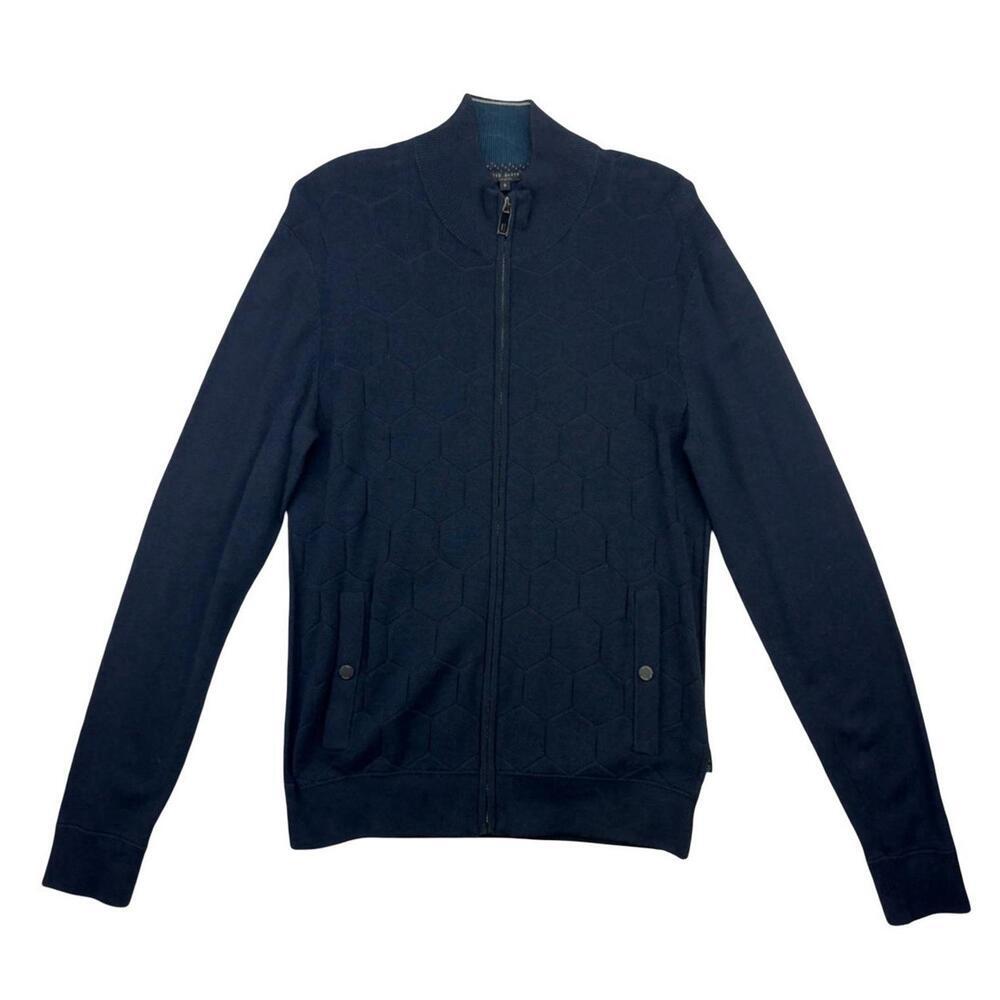 Ted Baker Rarva Honeycomb Funnel-Neck Zip Sweater Navy Blue Size M | Ted 3